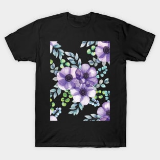 Purple Anemone translucent flowers bouquet. Spring transparent flowers and leaves composition. Elegant blooming floral arrangement T-Shirt